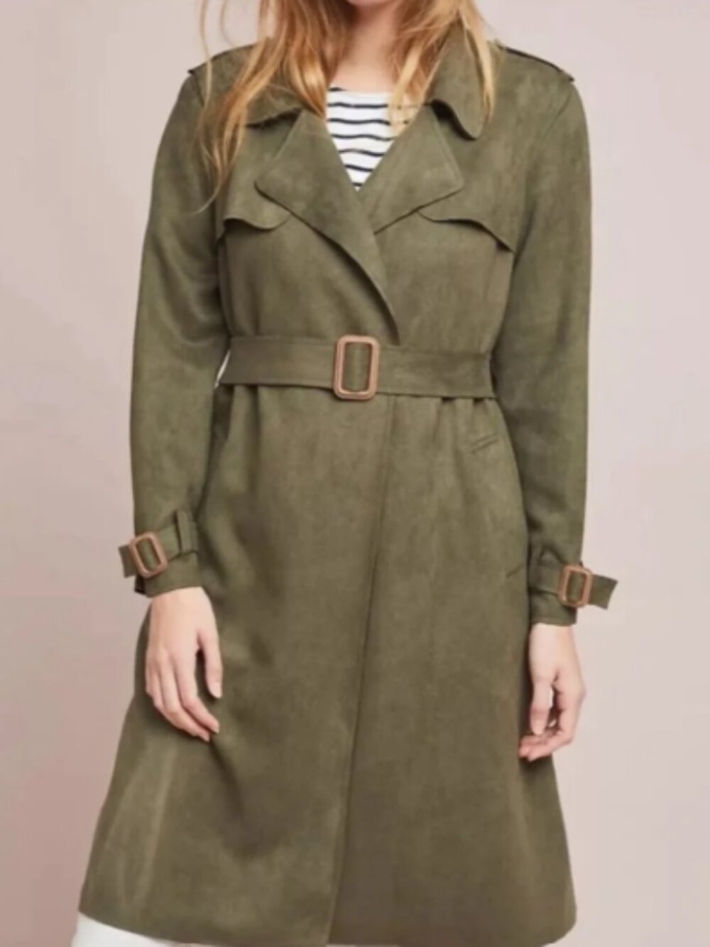 Anthropologie Olive Green Suede Trench Coat - Size L